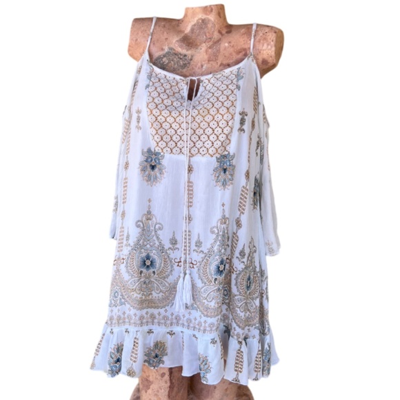 Cotton Peasant Sundress with Strap & Off-the-Shoulder 3/4 Sleeve Length - Picture 2 of 10